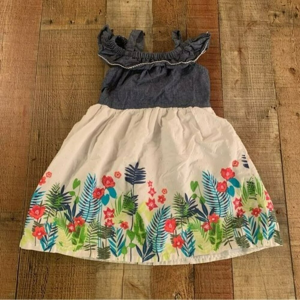 Penelope Mack girls cold shoulder floral dress with denim ruffle -5